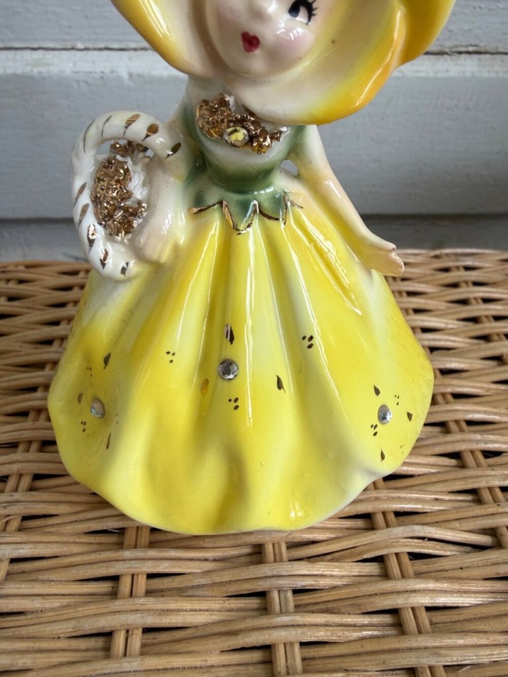 Vintage 50s Enesco Anthropomorphic Yellow Flower Girl Planter Rhinestones - Picture 7 of 9